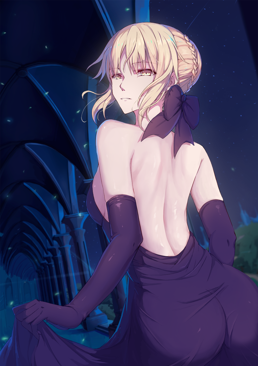 1girl artoria_pendragon_(all) ass back backless_dress backless_outfit bangs bare_back bare_shoulders black_bow black_dress black_gloves blonde_hair bow braid column crown_braid dress dress_lift elbow_gloves eyebrows_visible_through_hair fate/grand_order fate_(series) french_braid from_behind gloves hair_bow hallway highres leaf looking_at_viewer looking_back night parted_lips pillar rafael-m saber_alter solo star_(sky) strapless strapless_dress yellow_eyes