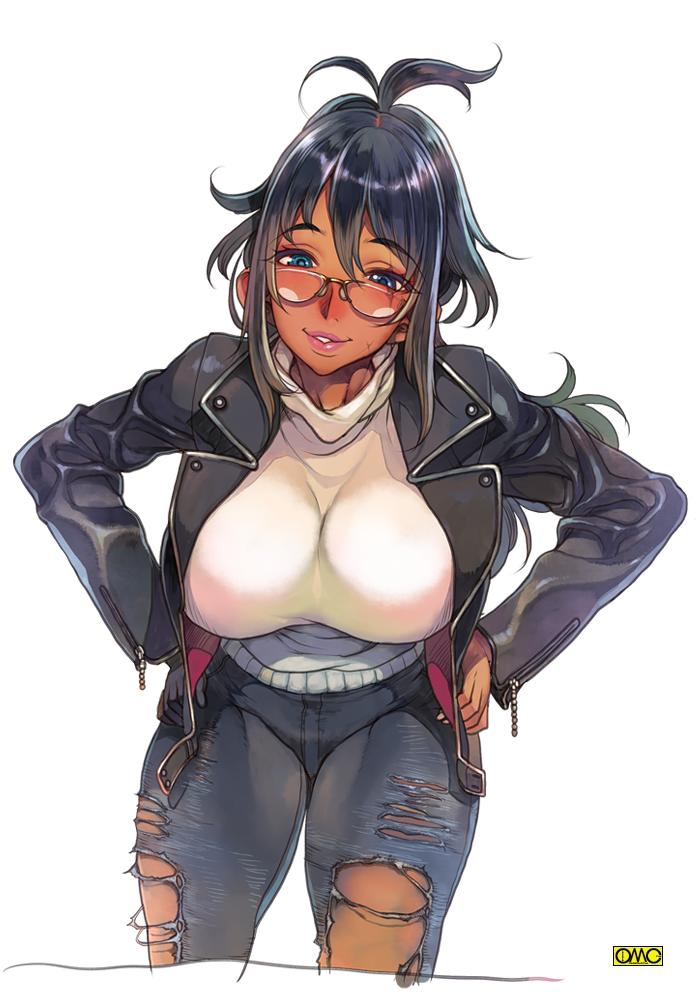 1girl black_hair blue_eyes blush breasts commentary cowboy_shot dark_skin denim eyebrows_visible_through_hair f.s. glasses hair_between_eyes hands_on_hips jacket jeans leaning_forward leather leather_jacket long_hair looking_at_viewer original pants parted_lips scar semi-rimless_eyewear sidelocks smile solo sweater tan torn_clothes torn_jeans torn_pants turtleneck turtleneck_sweater under-rim_eyewear