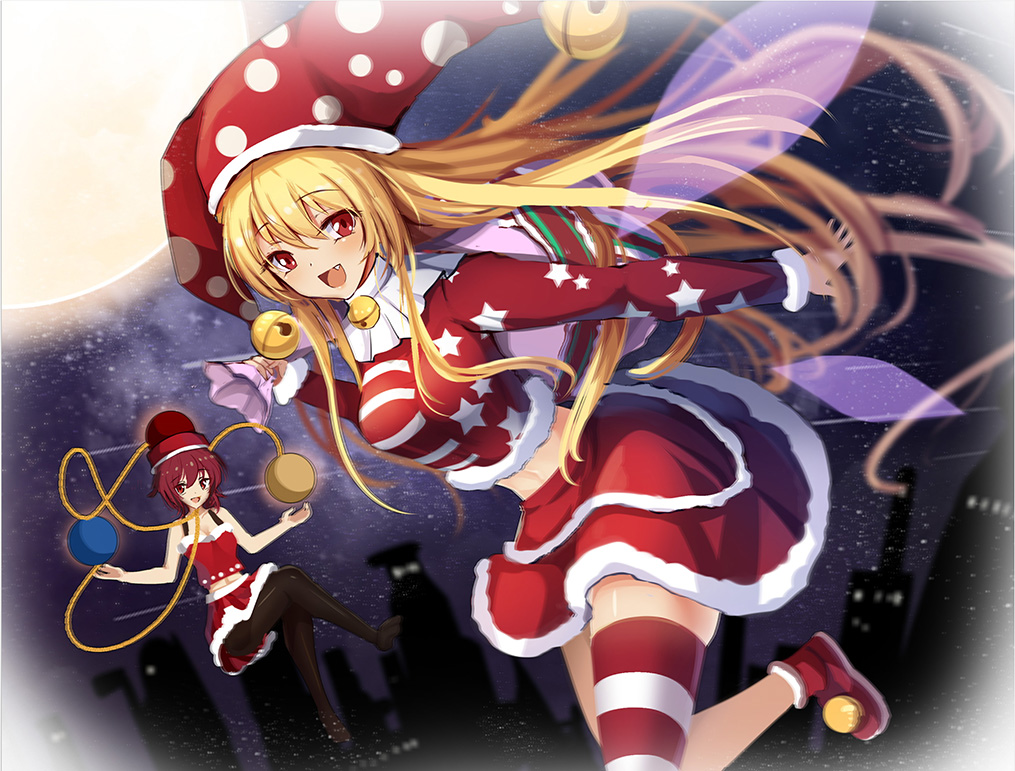 2girls :d alternate_costume bare_arms bare_shoulders bell black_legwear blonde_hair blush breasts chains clownpiece commentary_request crop_top dutch_angle earth_(ornament) fairy_wings fang feet_out_of_frame full_body full_moon hat hecatia_lapislazuli holding holding_sack jester_cap jingle_bell legs_crossed long_hair long_sleeves medium_breasts midriff miniskirt moon moon_(ornament) multiple_girls navel neck_ruff night night_sky no_shoes open_mouth outdoors pantyhose polka_dot polka_dot_hat polos_crown red_eyes red_footwear red_hat red_legwear red_shirt red_skirt redhead sack santa_costume shirt shoes short_hair single_thighhigh skirt skirt_set sky smile star star_print stomach striped striped_legwear striped_shirt thigh-highs thighs touhou very_long_hair white_legwear wings z.o.b zettai_ryouiki