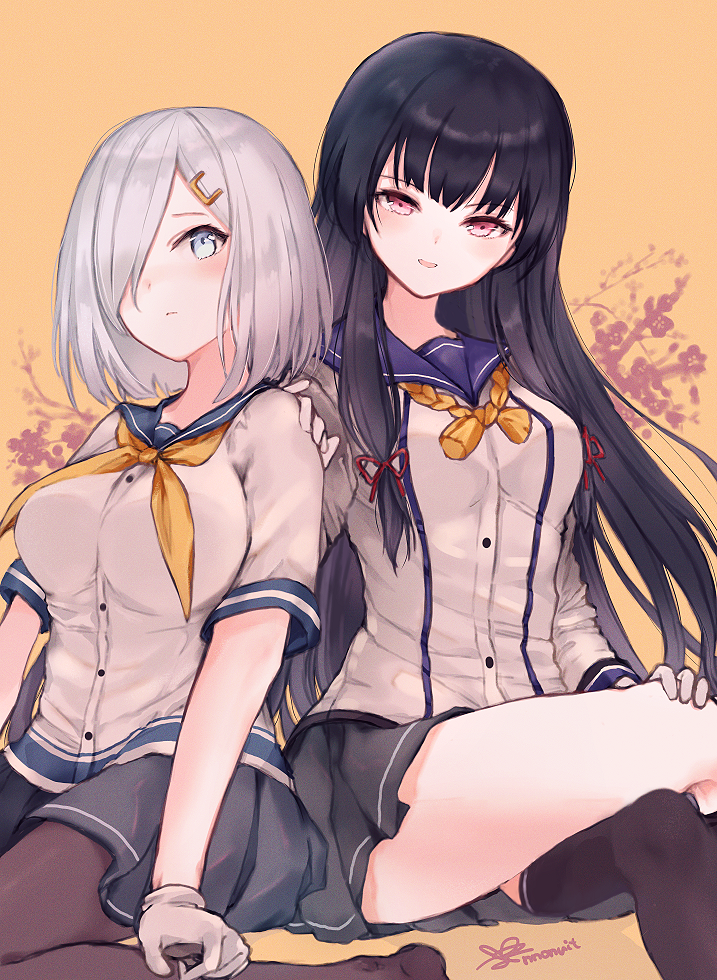 2girls aqua_eyes bangs black_hair black_legwear blue_sailor_collar blush breasts crossed_legs gloves grey_skirt hair_ornament hair_over_one_eye hair_ribbon hairclip hamakaze_(kantai_collection) isokaze_(kantai_collection) kantai_collection large_breasts long_hair medium_breasts multiple_girls no_shoes pantyhose pleated_skirt red_eyes ribbon sailor_collar school_uniform serafuku short_hair short_sleeves silver_hair simple_background single_thighhigh sitting skirt thigh-highs tress_ribbon tsunano_(koi_pink) white_gloves yellow_background yellow_neckwear