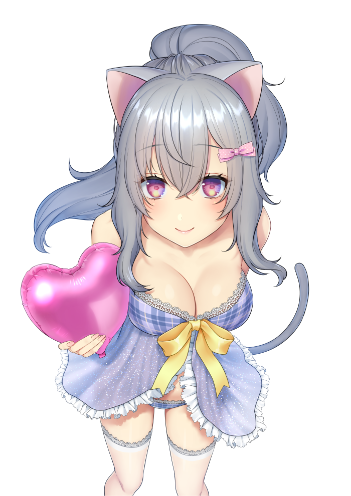 1girl animal_ears babydoll balloon bangs bare_shoulders blue_babydoll blue_panties bow breasts cat_ears cat_girl cat_tail cleavage closed_mouth daidai_jamu eyebrows_visible_through_hair feet_out_of_frame floating_hair from_above grey_hair hair_between_eyes hair_bow heart heart_balloon holding lace lace-trimmed_panties lace-trimmed_thighhighs lace_trim lingerie long_hair looking_at_viewer medium_breasts original panties pink_bow ponytail ribbon sanpaku sidelocks simple_background smile solo stomach tail thigh-highs underwear violet_eyes white_background white_legwear yellow_ribbon