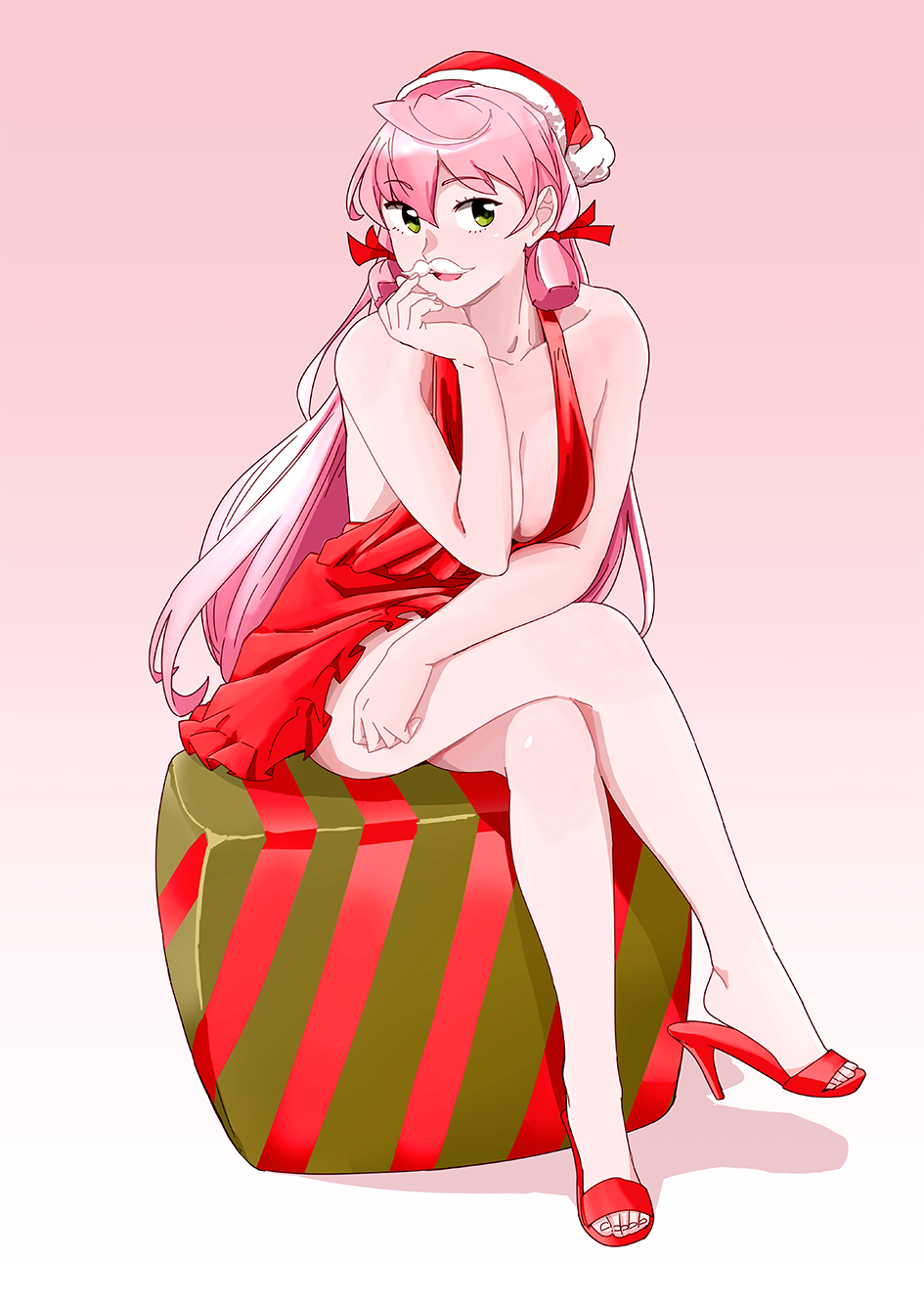 1girl akashi_(kantai_collection) box breasts cleavage dress fake_facial_hair fake_mustache gift gradient gradient_background green_eyes hair_ribbon hat highres kantai_collection long_hair looking_at_viewer medium_breasts ojipon open_toe_shoes pink_background pink_hair red_dress red_footwear ribbon santa_hat sitting sleeveless sleeveless_dress solo tress_ribbon white_background