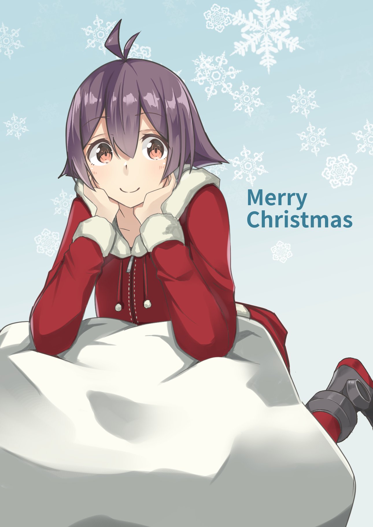 1girl antenna_hair blue_background brown_eyes commentary_request fur-trimmed_dress fur_trim gradient gradient_background hands_on_own_face highres kantai_collection looking_at_viewer lying merry_christmas negahami on_stomach purple_hair sack sakawa_(kantai_collection) short_hair smile snowflakes solo white_background