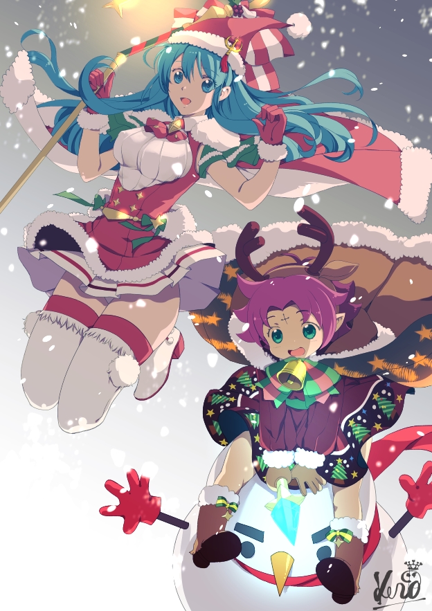 2girls antlers aqua_eyes aqua_hair bell boots bow brown_gloves cape dress eirika fa facial_mark fire_emblem fire_emblem:_fuuin_no_tsurugi fire_emblem:_seima_no_kouseki fire_emblem_heroes forehead_mark fur_trim gloves green_eyes hat holding holding_staff kero_sweet long_hair long_sleeves mamkute multiple_girls nintendo open_mouth pom_pom_(clothes) purple_hair red_gloves red_hat reindeer_antlers santa_costume santa_hat short_hair signature sleeveless sleeveless_dress snowing snowman staff thigh-highs