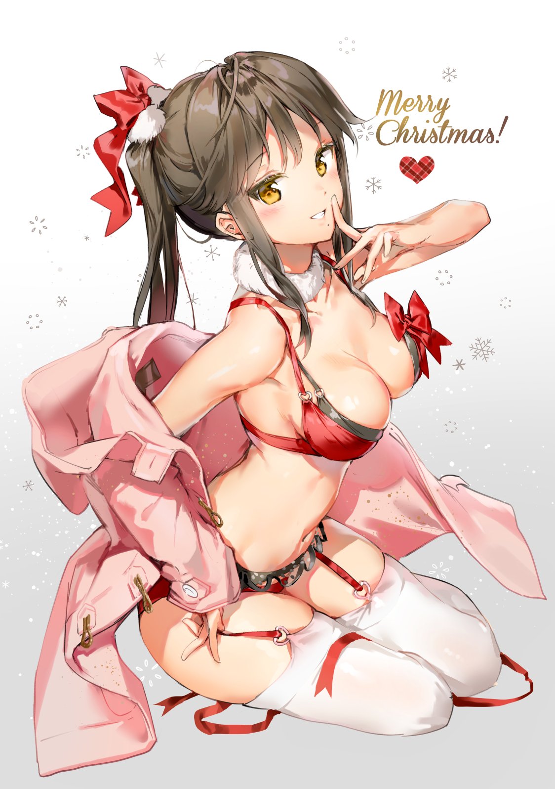 1girl anmi bangs bare_shoulders bikini bikini_under_clothes bow breasts brown_eyes brown_hair cleavage coat collarbone commentary eyebrows_visible_through_hair finger_to_mouth fur_collar garter_belt garter_straps grey_bikini grin heart highres large_breasts light_particles long_hair merry_christmas off_shoulder open_clothes open_coat original pink_coat ponytail red_bikini red_bow sidelocks sitting skindentation smile snowflakes solo swimsuit thigh-highs thighs tsurime white_legwear yokozuwari