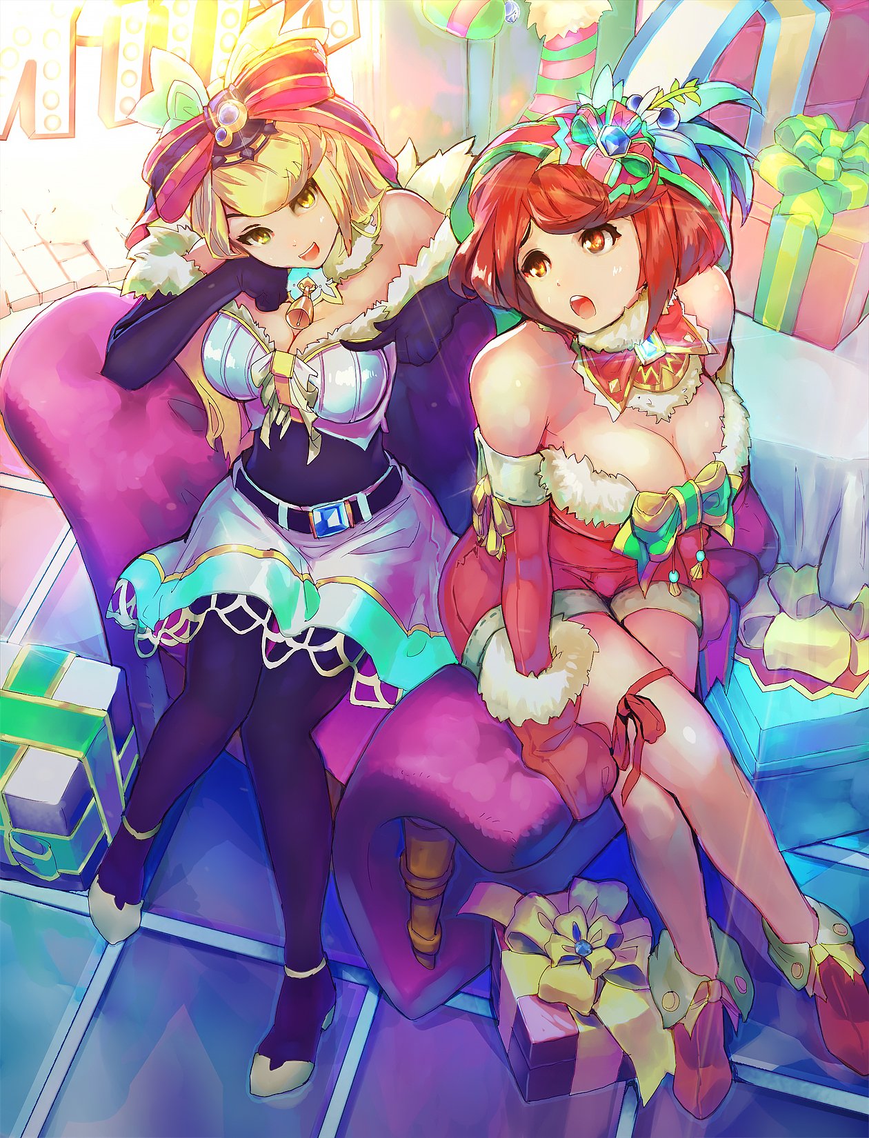 2girls bare_shoulders bell blonde_hair blush breasts christmas dress fingerless_gloves fur_trim gift gloves hat headpiece highres mythra_(xenoblade) pyra_(xenoblade) large_breasts merry_christmas multiple_girls nintendo red_dress red_eyes red_gloves redhead sack santa_costume santa_hat short_hair shrimqsleeq tiara xenoblade_(series) xenoblade_2