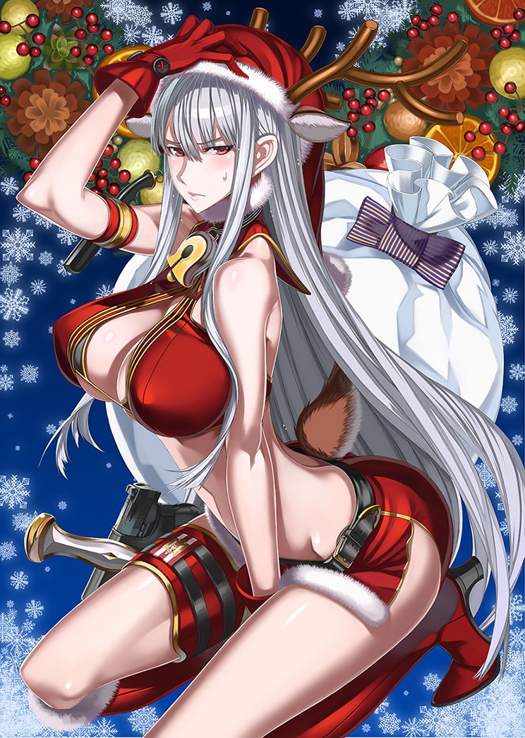 1girl bangs blush breasts commentary_request gloves honjou_raita large_breasts long_hair looking_at_viewer midriff selvaria_bles senjou_no_valkyria solo