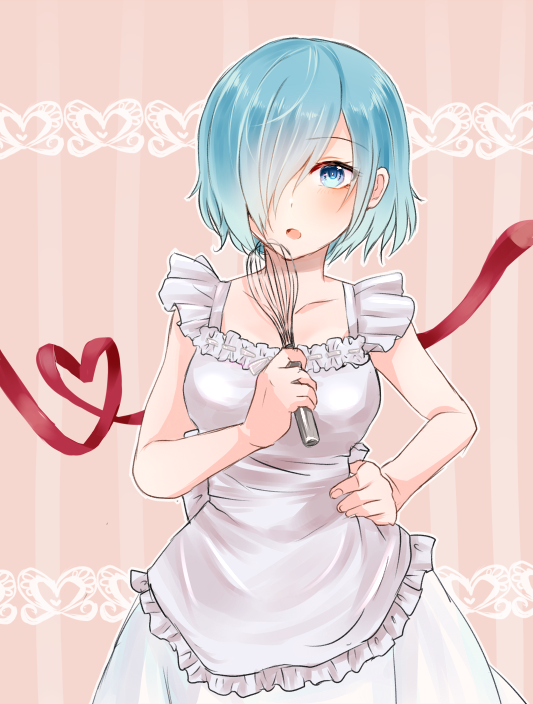 1girl apron bare_arms blue_eyes blue_hair blush breasts chii_(sbshop) collarbone commentary_request dress eyebrows_visible_through_hair frilled_apron frills hair_over_one_eye hand_on_own_chest heart holding kirishima_touka looking_to_the_side medium_breasts one_eye_covered open_eyes open_mouth red_heart short_hair solo striped striped_background thinking tokyo_ghoul whisk white_apron white_dress