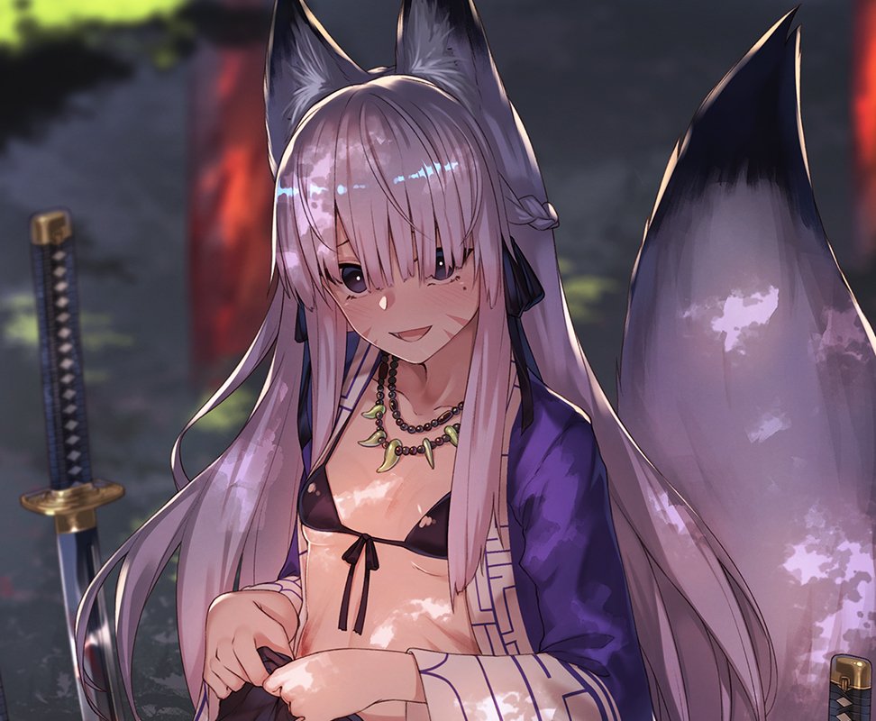 1girl :d animal_ear_fluff animal_ears bangs bead_necklace beads black_bikini_top black_skirt blue_robe blurry blurry_background blush braid breasts character_request collarbone commentary_request copyright_request facial_mark fox_ears french_braid front-tie_bikini front-tie_top ibuki_notsu jewelry katana long_hair long_sleeves looking_at_viewer magatama magatama_necklace mole mole_under_eye necklace open_clothes open_mouth open_robe outdoors planted_sword planted_weapon robe silver_hair skirt skirt_lift small_breasts smile solo stomach sword upper_body very_long_hair violet_eyes weapon wide_sleeves