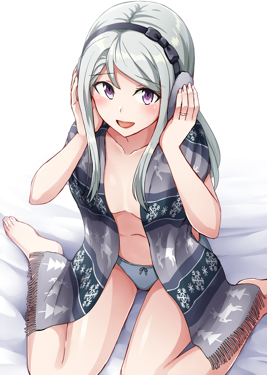 1girl blue_panties earmuffs eyebrows_visible_through_hair hairband hands_on_earmuffs headphones highres jewelry kamelie kantai_collection long_hair looking_at_viewer no_bra open_mouth panties ring sagiri_(kantai_collection) silver_hair simple_background sitting solo underwear violet_eyes wariza wedding_band white_background