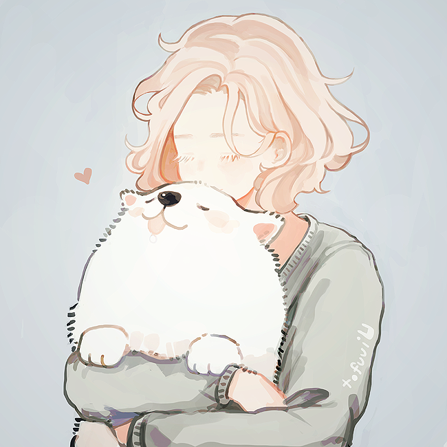 1girl animal animal_hug artist_name blonde_hair closed_eyes dog fluffy grey_background grey_shirt heart holding holding_animal holding_dog long_sleeves original shirt short_hair signature simple_background smile solo tofuvi tongue tongue_out