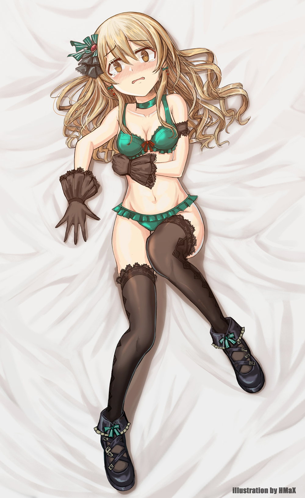 1girl @_@ armband artist_name bangs bed_sheet black_footwear black_gloves black_legwear blush bow bow_bra bra breasts brown_eyes buckle choker cleavage drill_hair english_text eyebrows_visible_through_hair frilled_bra frilled_footwear frilled_panties frills frown full_body gloves green_bow green_bra green_choker green_panties hair_bow hair_ornament highres hmax idolmaster idolmaster_cinderella_girls idolmaster_cinderella_girls_starlight_stage lace lace-trimmed_bra lace-trimmed_thighhighs light_brown_hair long_hair looking_at_viewer lying medium_breasts morikubo_nono navel on_back on_bed panties shoes solo tearing_up thigh-highs underwear underwear_only wavy_mouth