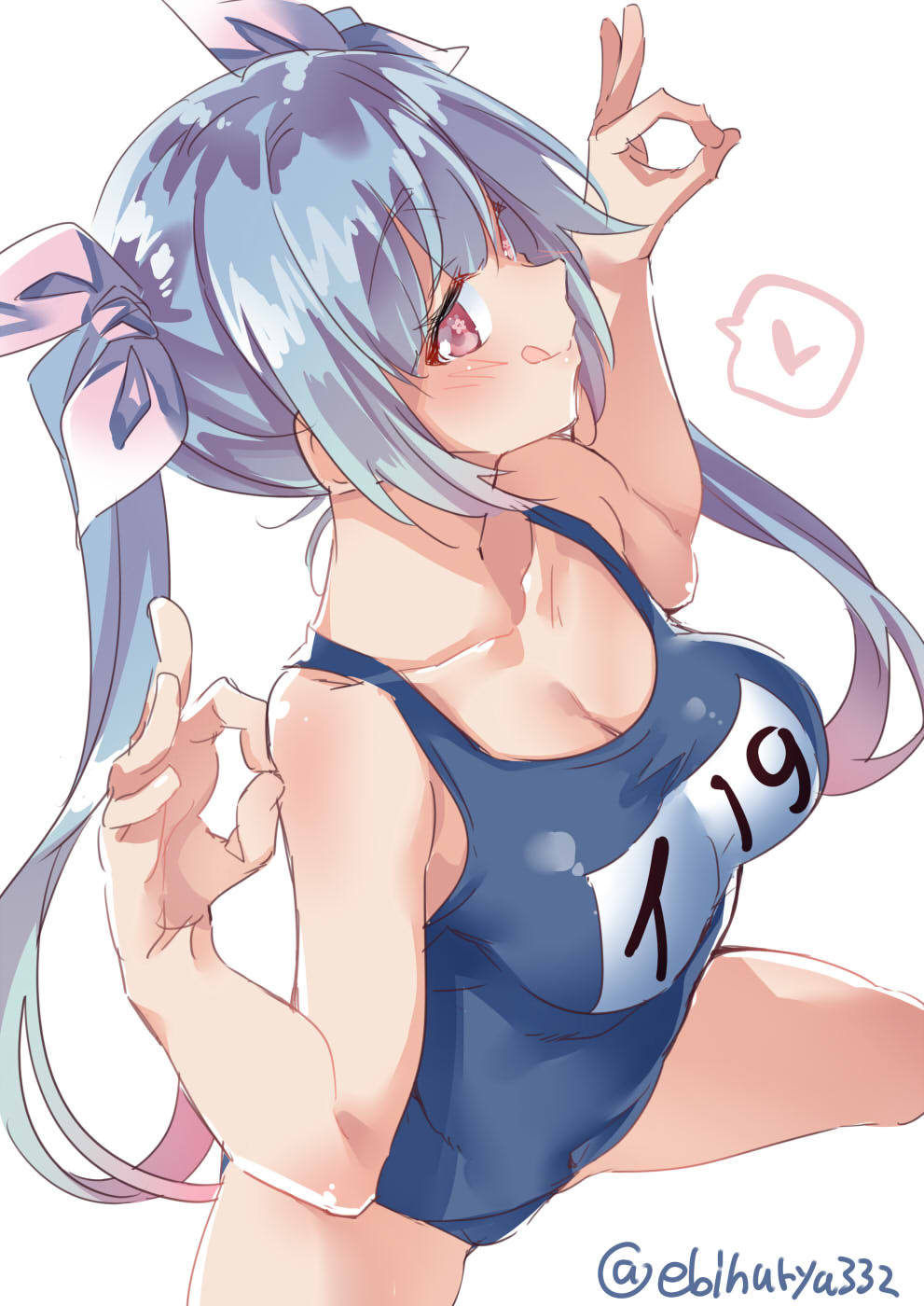 1girl bangs bare_arms bare_legs bare_shoulders blue_swimsuit blush breasts cleavage closed_mouth collarbone commentary_request covered_navel ebifurya eyebrows_visible_through_hair from_above hair_ribbon hands_up heart highres i-19_(kantai_collection) impossible_clothes impossible_swimsuit kantai_collection large_breasts light_blue_hair long_hair looking_at_viewer multicolored_hair name_tag nape ok_sign one-piece_swimsuit pink_hair pink_ribbon profile red_eyes ribbon school_swimsuit simple_background smile solo speech_bubble spoken_heart star star-shaped_pupils swimsuit symbol-shaped_pupils twitter_username very_long_hair white_background