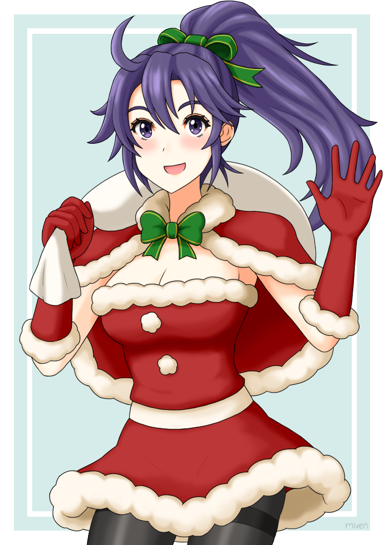 1girl :d black_legwear blue_hair bow bowtie breasts christmas cleavage dress fir fire_emblem fire_emblem:_fuuin_no_tsurugi fur_trim gloves green_bow green_ribbon hair_ribbon hand_up holding holding_sack long_hair medium_breasts miven nintendo open_mouth pom_pom_(clothes) ponytail red_gloves ribbon sack simple_background sleeveless sleeveless_dress smile solo strapless strapless_dress thigh-highs upper_body violet_eyes