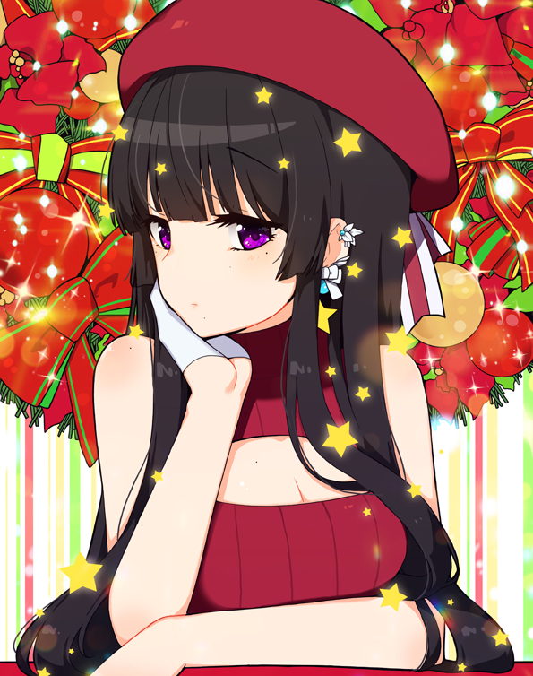 1girl bangs bare_arms bare_shoulders bauble black_hair blunt_bangs blush breasts christmas cleavage cleavage_cutout closed_mouth commentary_request ear_piercing earrings eyebrows_visible_through_hair glint gloves hand_up hat hat_ribbon head_tilt jewelry light_particles long_hair original piercing red_hat red_ribbon ribbon sidelocks small_breasts solo star star_earrings striped striped_ribbon sweater_vest tp_(kido_94) upper_body violet_eyes white_gloves