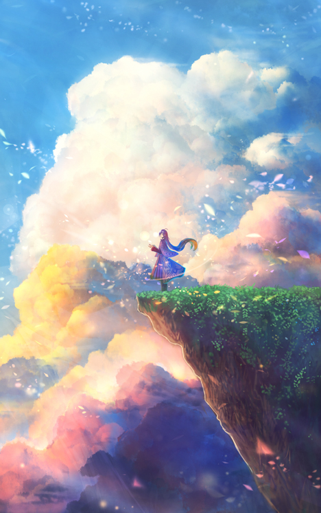 1girl ahoge blue_sky capelet cliff clouds commentary_request day floating_hair from_side grass long_hair long_sleeves original outdoors petals sakimori_(hououbds) skirt sky solo standing very_long_hair yuuyake_koyake