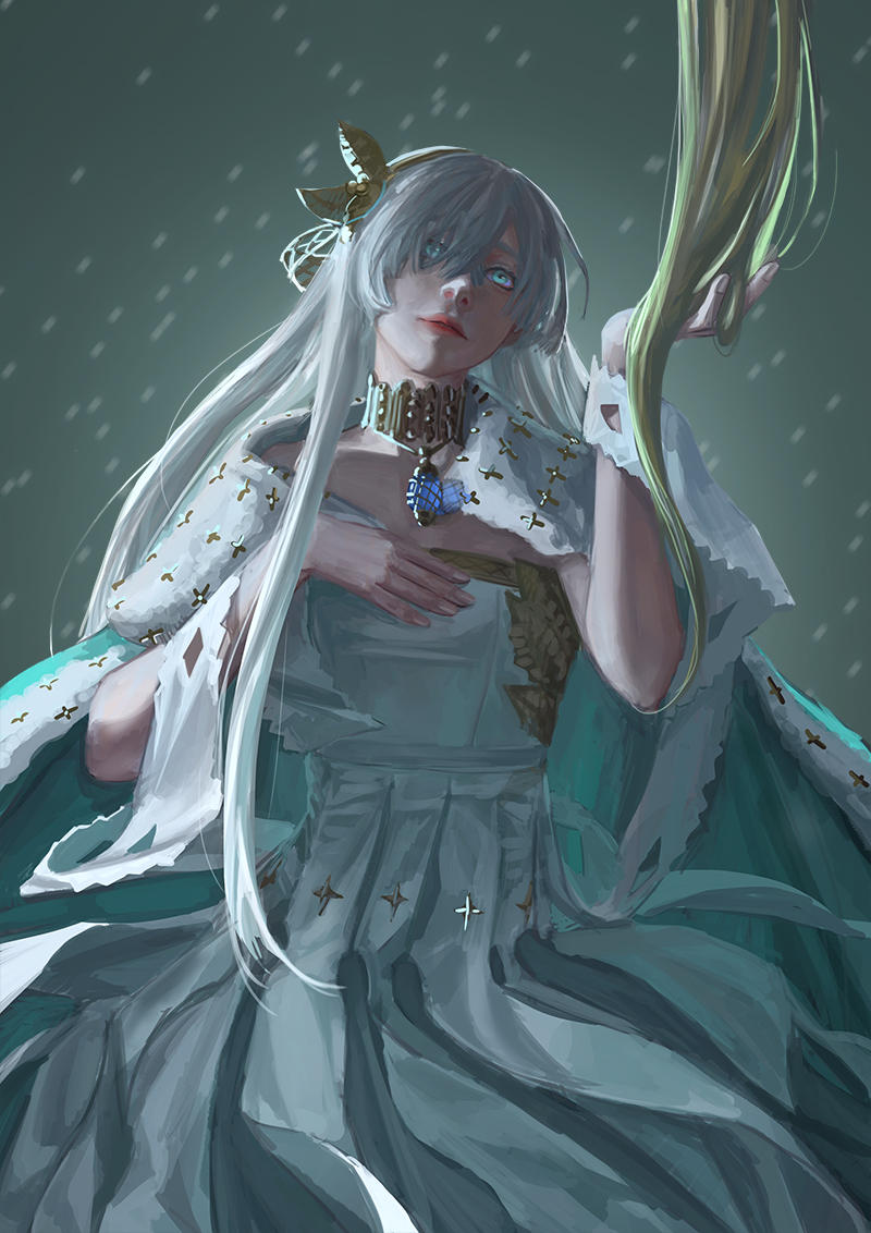 anastasia_(fate/grand_order) aqua_eyes artist_request blonde_hair collar dark dress fate/grand_order fate_(series) hair_over_one_eye hairband jewelry long_hair pendant ribbon royal_robe snow snowing very_long_hair white_dress white_hair