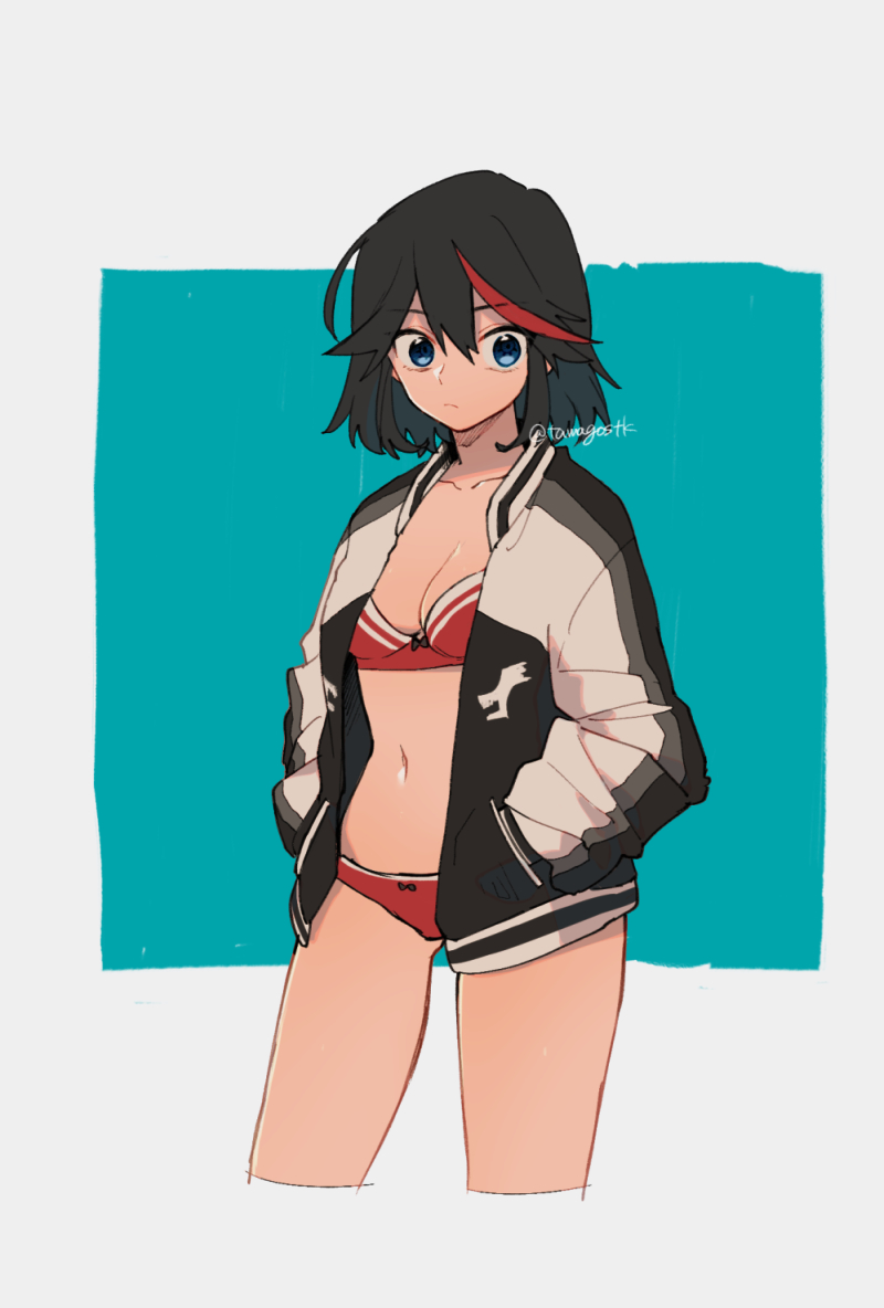 1girl ass_visible_through_thighs bangs black_hair black_jacket blue_background blue_eyes bow bow_bra bow_panties bra breasts cleavage closed_mouth commentary cowboy_shot cropped_legs eyebrows_visible_through_hair frown hands_in_pockets highlights jacket kill_la_kill letterman_jacket long_sleeves looking_at_viewer matoi_ryuuko medium_breasts mittsun multicolored_hair navel no_pants no_shirt open_clothes open_jacket outside_border panties red_bra red_panties redhead short_hair solo standing symbol_commentary thighs twitter_username two-tone_hair underwear