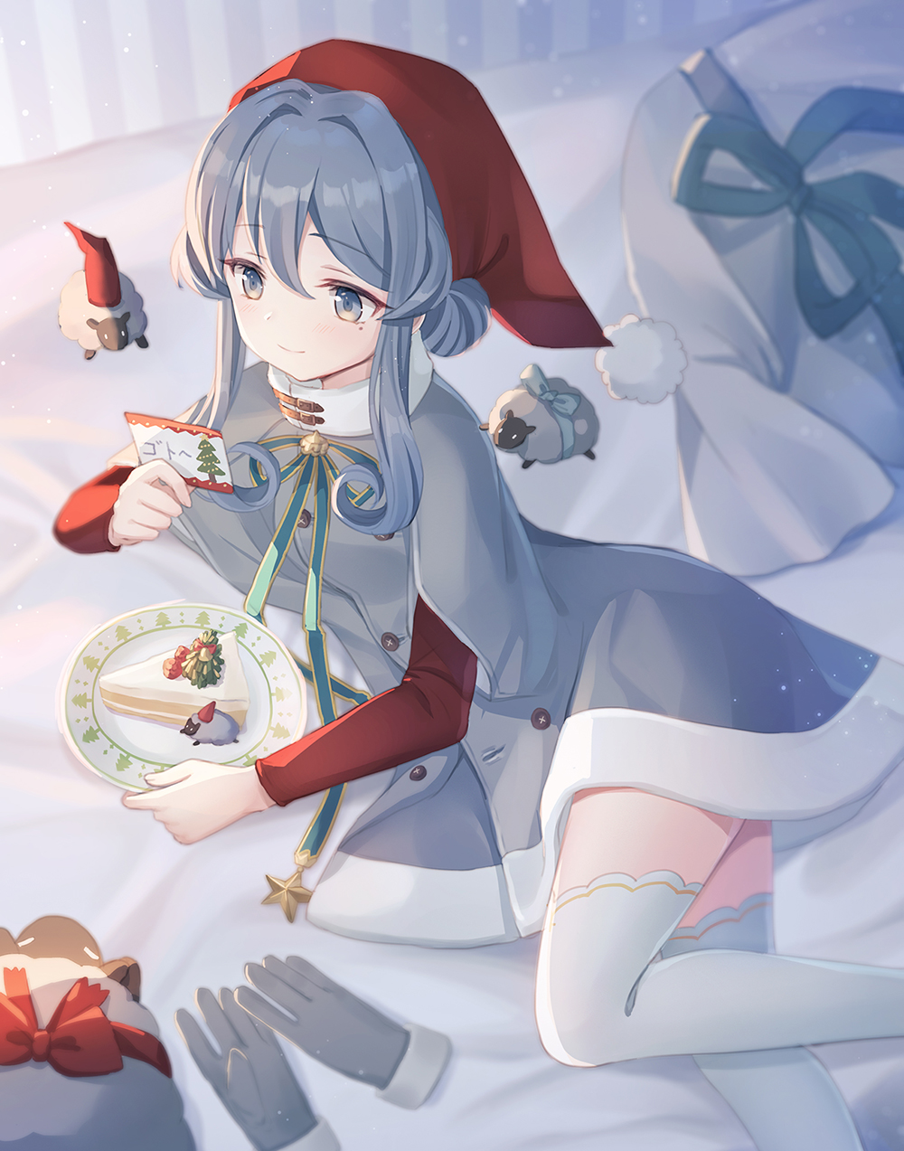 1girl bangs blue_eyes blue_hair blush cake closed_mouth commentary_request dress emia_wang eyebrows_visible_through_hair food gloves gloves_removed gotland_(kantai_collection) grey_dress grey_gloves hair_between_eyes hat highres holding holding_plate kantai_collection long_hair looking_away mole mole_under_eye plate red_hat sack santa_hat sidelocks slice_of_cake smile solo thigh-highs white_legwear
