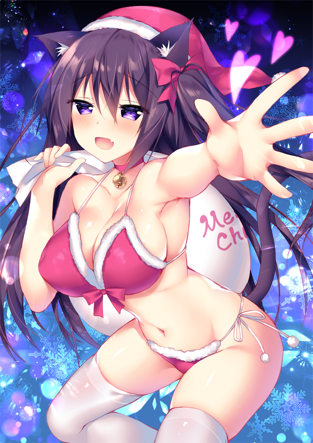 1girl animal_ear_fluff animal_ears bell bell_collar bikini blush breasts brown_hair cat_ears cat_tail christmas cleavage collar commentary_request fang fur_trim hat heart large_breasts looking_at_viewer merry_christmas navel original red_bikini red_ribbon ribbon sack santa_hat side-tie_bikini snowflakes solo sorai_shin'ya swimsuit tail thigh-highs violet_eyes waving