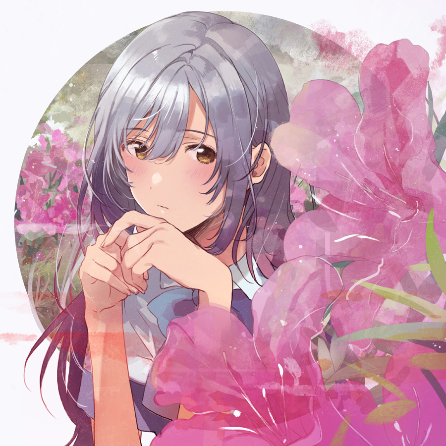 1girl blue_bow blush bow brown_eyes day flower flower_request fly_(marguerite) hair_between_eyes hands_together irozuku_sekai_no_ashita_kara jewelry long_hair looking_at_viewer outdoors pink_flower school_uniform shirt short_sleeves silver_hair solo standing tsukishiro_hitomi very_long_hair white_shirt