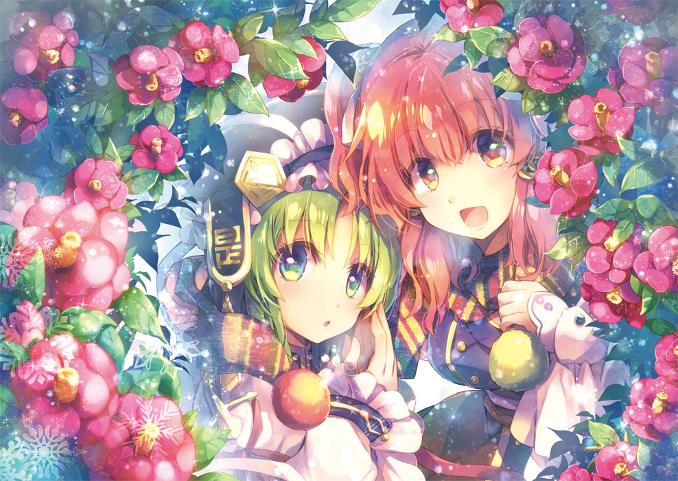 2girls commentary_request eyebrows_visible_through_hair floral_background green_eyes green_hair hair_between_eyes holding looking_at_viewer multiple_girls onozuka_komachi open_mouth red_eyes redhead scarf shiki_eiki shiny shiny_hair smile touhou yamadori_ofuu