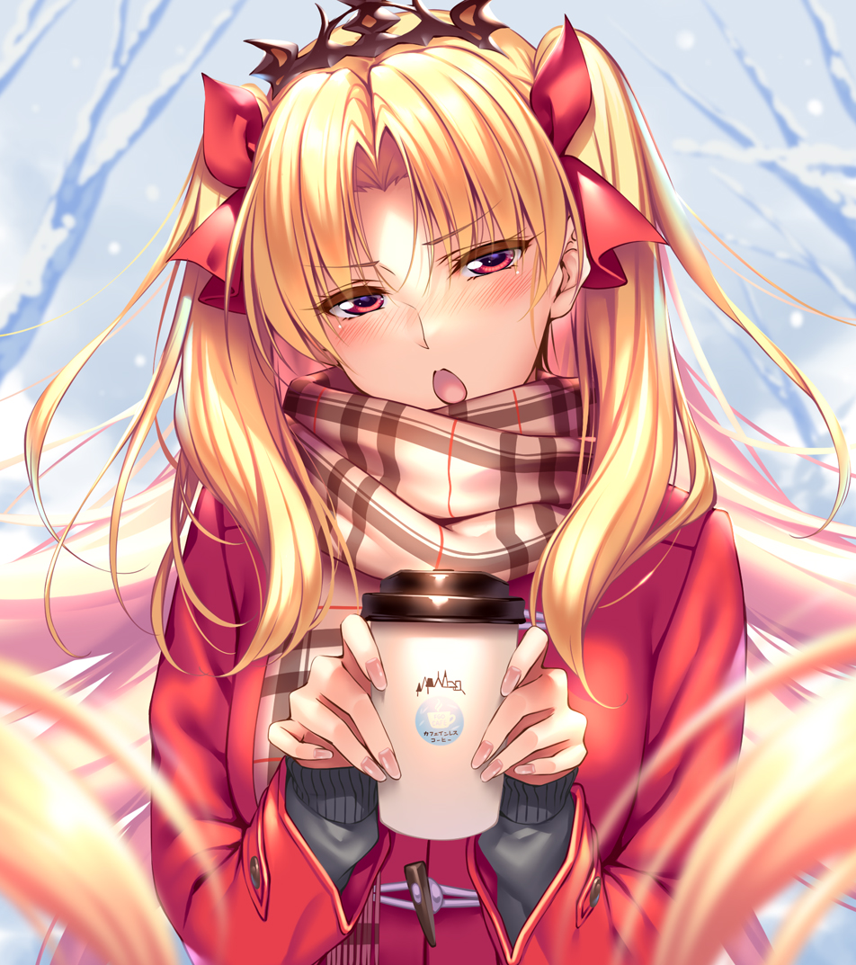 1girl bangs blonde_hair blurry blush breasts coat coffee_cup commentary commentary_request cup depth_of_field disposable_cup duffel_coat ereshkigal_(fate/grand_order) eyebrows_visible_through_hair fate/grand_order fate_(series) grey_sweater hair_ribbon half-closed_eyes holding holding_cup jewelry long_hair long_sleeves looking_at_viewer nail_polish open_mouth parted_bangs pink_nails piromizu red_coat red_eyes red_ribbon ribbon scarf sidelocks solo sweater tiara tsurime two_side_up upper_body v-shaped_eyebrows
