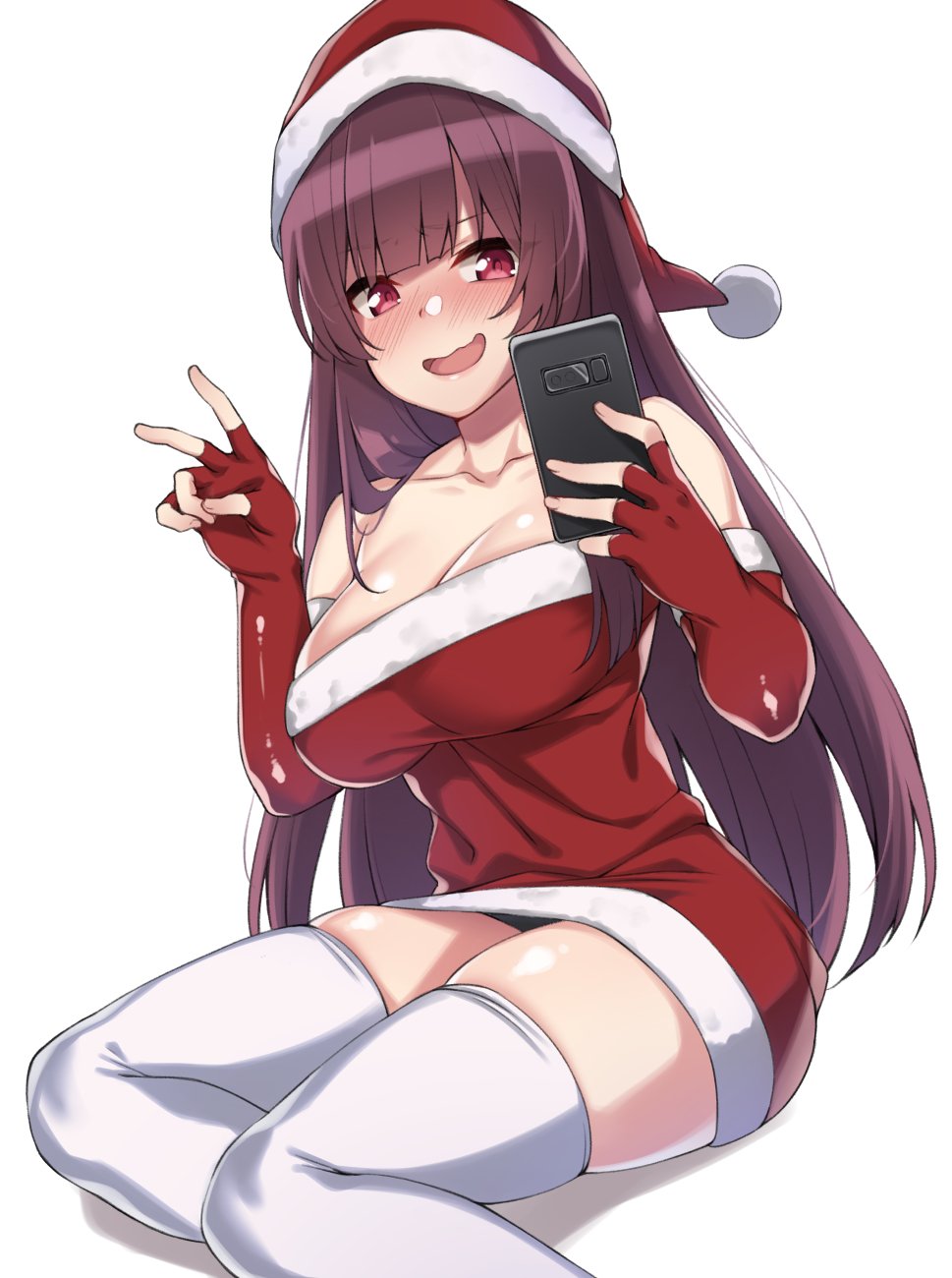 1girl awkward bangs bare_shoulders black_panties blush breasts cellphone cleavage collarbone dress elbow_gloves eyebrows_visible_through_hair fingerless_gloves fur-trimmed_dress girls_frontline gloves hat highres holding holding_phone large_breasts long_hair looking_at_viewer panties phone purple_hair red_dress red_eyes red_gloves santa_hat shiny shiny_skin sidelocks simple_background sitting skindentation smartphone solo spicy_moo strapless strapless_dress thigh-highs thighs underwear v very_long_hair wa2000_(girls_frontline) white_background white_legwear yokozuwari