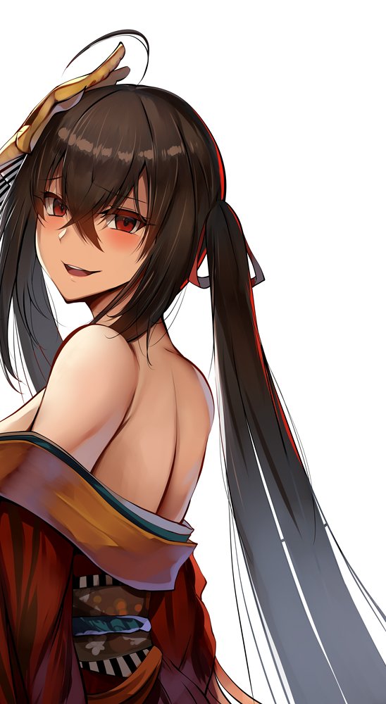 1girl ahoge azur_lane bangs bare_shoulders black_hair blush breasts crossed_bangs eyebrows_visible_through_hair hair_between_eyes huge_breasts japanese_clothes kimono lolicept long_hair looking_at_viewer mask mask_on_head obi off_shoulder red_eyes red_kimono red_ribbon ribbon sash sidelocks simple_background smile solo striped striped_ribbon taihou_(azur_lane) twintails very_long_hair white_background