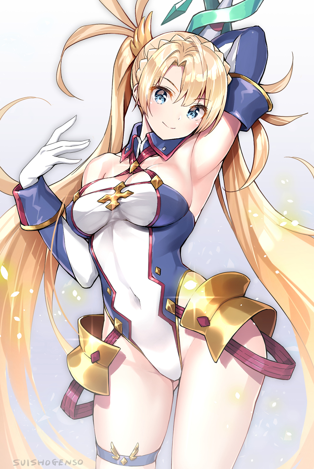 1girl armpits artist_name blonde_hair blue_eyes blush bradamante_(fate/grand_order) breasts cleavage closed_mouth commentary_request covered_navel elbow_gloves fate/grand_order fate_(series) gloves highres leg_garter leotard long_hair looking_at_viewer medium_breasts smile solo suishougensou twintails very_long_hair white_gloves