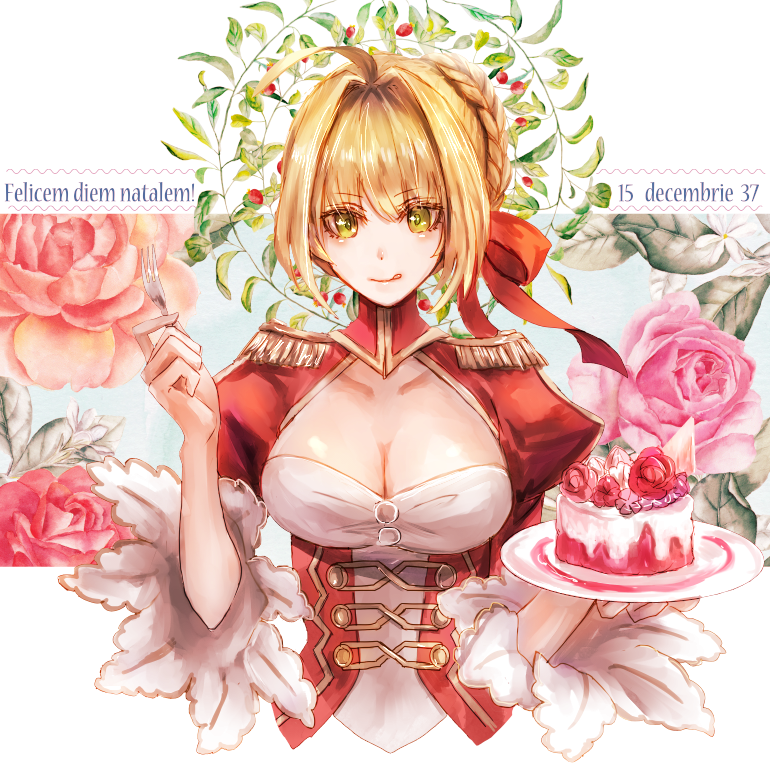 1girl ahoge blonde_hair braid breasts byuura_(sonofelice) cake cleavage cleavage_cutout corset dated dress epaulettes fate/grand_order fate_(series) flower food fork french_braid green_eyes hair_ribbon holding holding_plate large_breasts latin_text licking_lips nero_claudius_(fate) nero_claudius_(fate)_(all) pink_flower pink_rose plate red_dress red_ribbon ribbon rose solo tongue tongue_out upper_body wide_sleeves