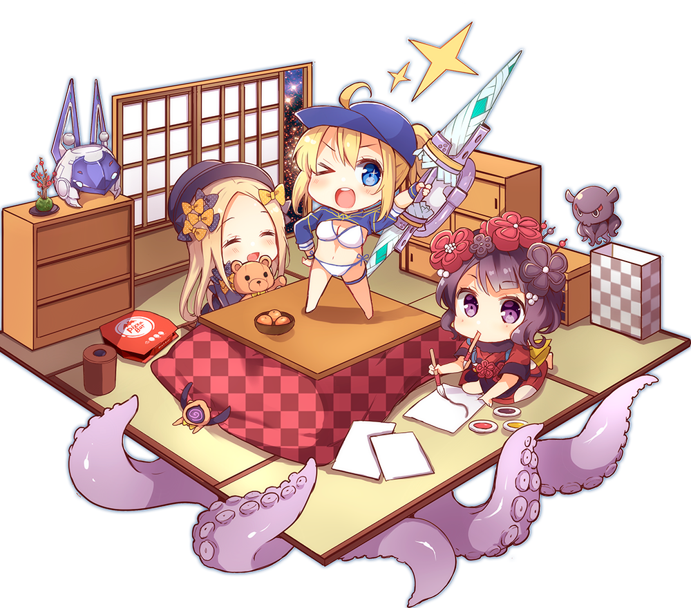 &gt;_o 3girls :d ;d ^_^ abigail_williams_(fate/grand_order) ahoge animal artoria_pendragon_(all) bangs barefoot baseball_cap basket bikini black_bow black_dress black_hat blonde_hair blue_eyes blue_hat blush bow brand_name_imitation breasts checkered chest_of_drawers cleavage closed_eyes closed_eyes commentary_request dress eyebrows_visible_through_hair fate/grand_order fate_(series) food forehead fruit fur_collar hair_between_eyes hair_bow hair_ornament hair_through_headwear hat helmet holding holding_paintbrush holding_weapon japanese_clothes katsushika_hokusai_(fate/grand_order) kimono kotatsu long_hair looking_at_viewer mandarin_orange medium_breasts multiple_girls mysterious_heroine_xx_(foreigner) navel object_hug octopus on_table one_eye_closed open_mouth orange_bow paintbrush parted_bangs pizza_hut polka_dot polka_dot_bow puffy_short_sleeves puffy_sleeves round_teeth shiroi_hakuto short_sleeves side-tie_bikini smile sparkle standing stuffed_animal stuffed_toy suction_cups sweatband swimsuit table teddy_bear teeth tentacle tokitarou_(fate/grand_order) twinmyniad upper_teeth very_long_hair weapon white_background white_bikini wristband
