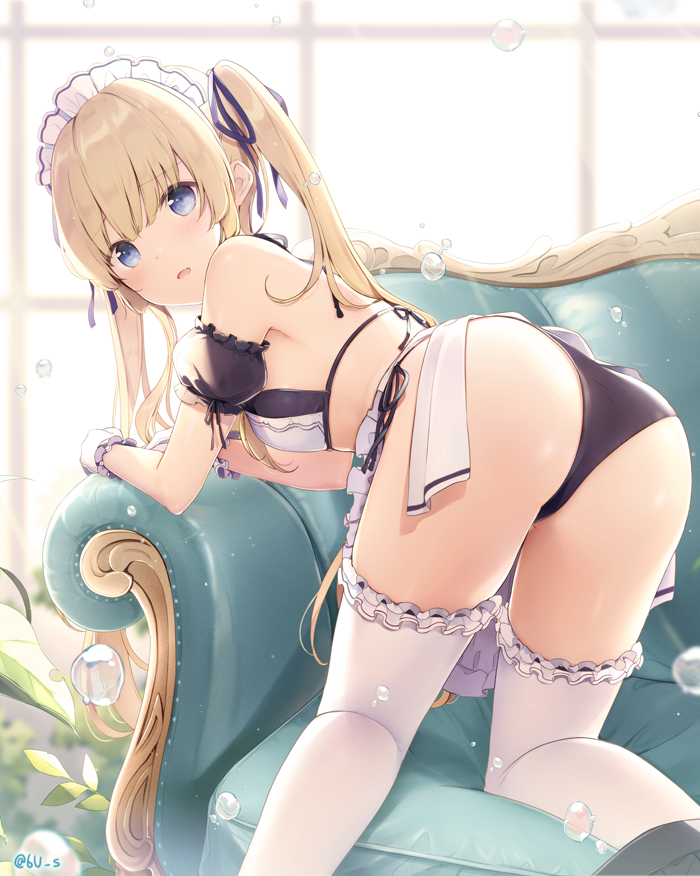 1girl 6u_(eternal_land) apron arm_support ass backlighting bangs bare_shoulders bikini black_bikini black_ribbon blonde_hair blue_eyes blurry blush breasts bubble commentary_request couch day depth_of_field detached_sleeves eyebrows_visible_through_hair feet_out_of_frame frilled_apron frilled_gloves frilled_legwear frilled_sleeves frills from_behind gloves hair_ribbon head_tilt indoors light_particles long_hair looking_at_viewer looking_back maid_apron maid_bikini maid_headdress on_couch parted_lips puffy_short_sleeves puffy_sleeves ribbon saenai_heroine_no_sodatekata sawamura_spencer_eriri short_sleeves sidelocks small_breasts solo swimsuit tareme thigh-highs twintails twitter_username white_apron white_gloves white_legwear window