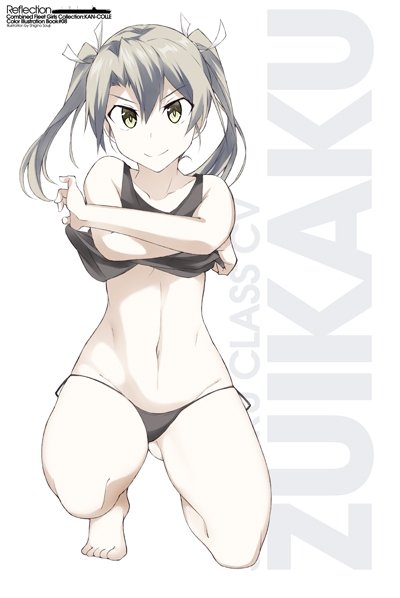 1girl barefoot black_panties black_shirt character_name grey_hair hair_ribbon kantai_collection long_hair looking_at_viewer navel panties ribbon shirt side-tie_panties sleeveless smile solo souji squatting twintails underwear undressing white_ribbon yellow_eyes zuikaku_(kantai_collection)