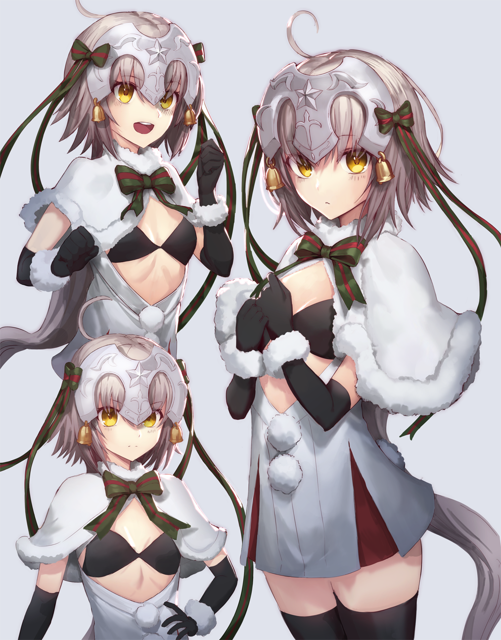 1girl :d ahoge bangosu bangs bell black_bikini_top black_gloves black_legwear blush bow capelet clenched_hand closed_mouth commentary_request elbow_gloves eyebrows_visible_through_hair fate/grand_order fate_(series) fur-trimmed_capelet fur_trim gloves green_bow green_ribbon grey_background hand_on_hip headpiece highres jeanne_d'arc_(fate)_(all) jeanne_d'arc_alter_santa_lily looking_at_viewer multiple_views open_mouth ribbon short_hair silver_hair simple_background smile striped striped_bow striped_ribbon thigh-highs white_capelet yellow_eyes