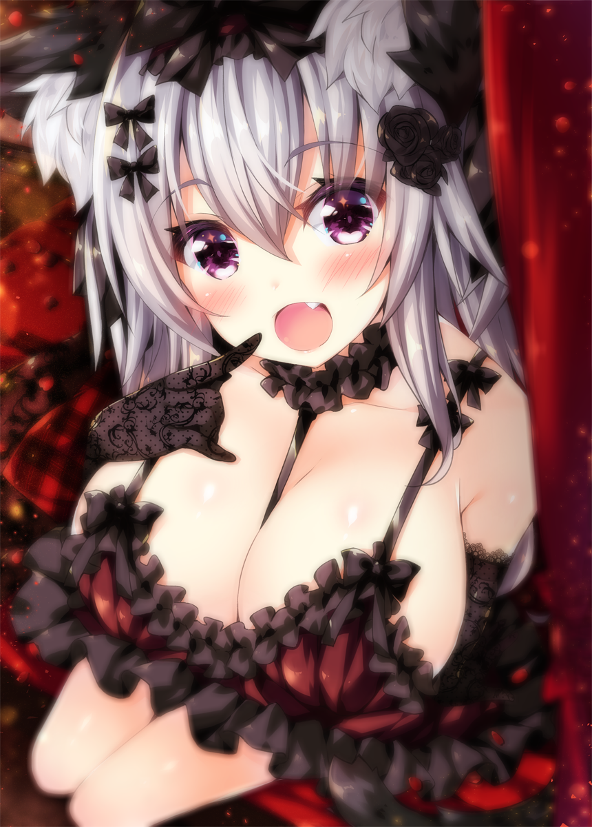 1girl animal_ear_fluff animal_ears bangs black_gloves blurry blush breasts cat_ears choker cleavage depth_of_field dress elbow_gloves eyebrows_visible_through_hair fang finger_to_mouth flower frilled_choker frilled_dress frills from_above gloves hair_between_eyes hair_flower hair_ornament highres large_breasts long_hair looking_at_viewer ooji_cha open_mouth original oziko_(ooji_cha) silver_hair sitting solo violet_eyes