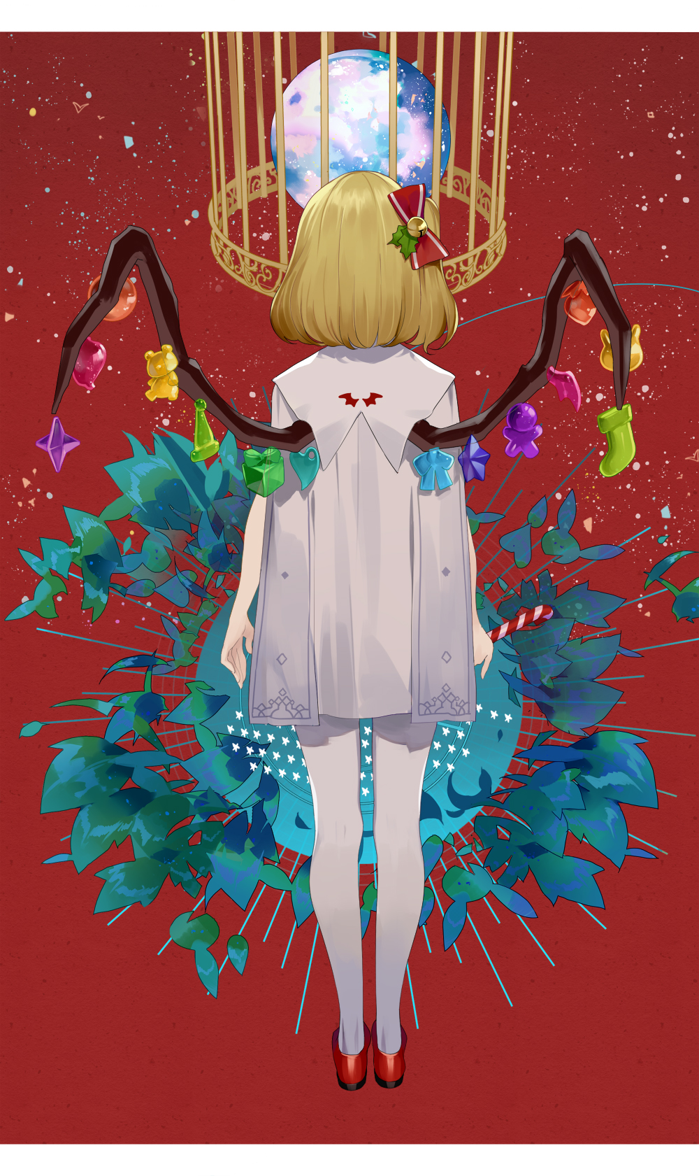 1girl bell birdcage blonde_hair border bow cage candy candy_cane cape commentary_request crystal flandre_scarlet food from_behind full_body hair_bell hair_bow hair_ornament highres hillly_(maiwetea) holding holding_candy holding_candy_cane holding_food jingle_bell letterboxed mistletoe no_hat no_headwear pantyhose red_background red_bow red_footwear shoes short_hair simple_background solo standing touhou white_border white_cape white_legwear wings