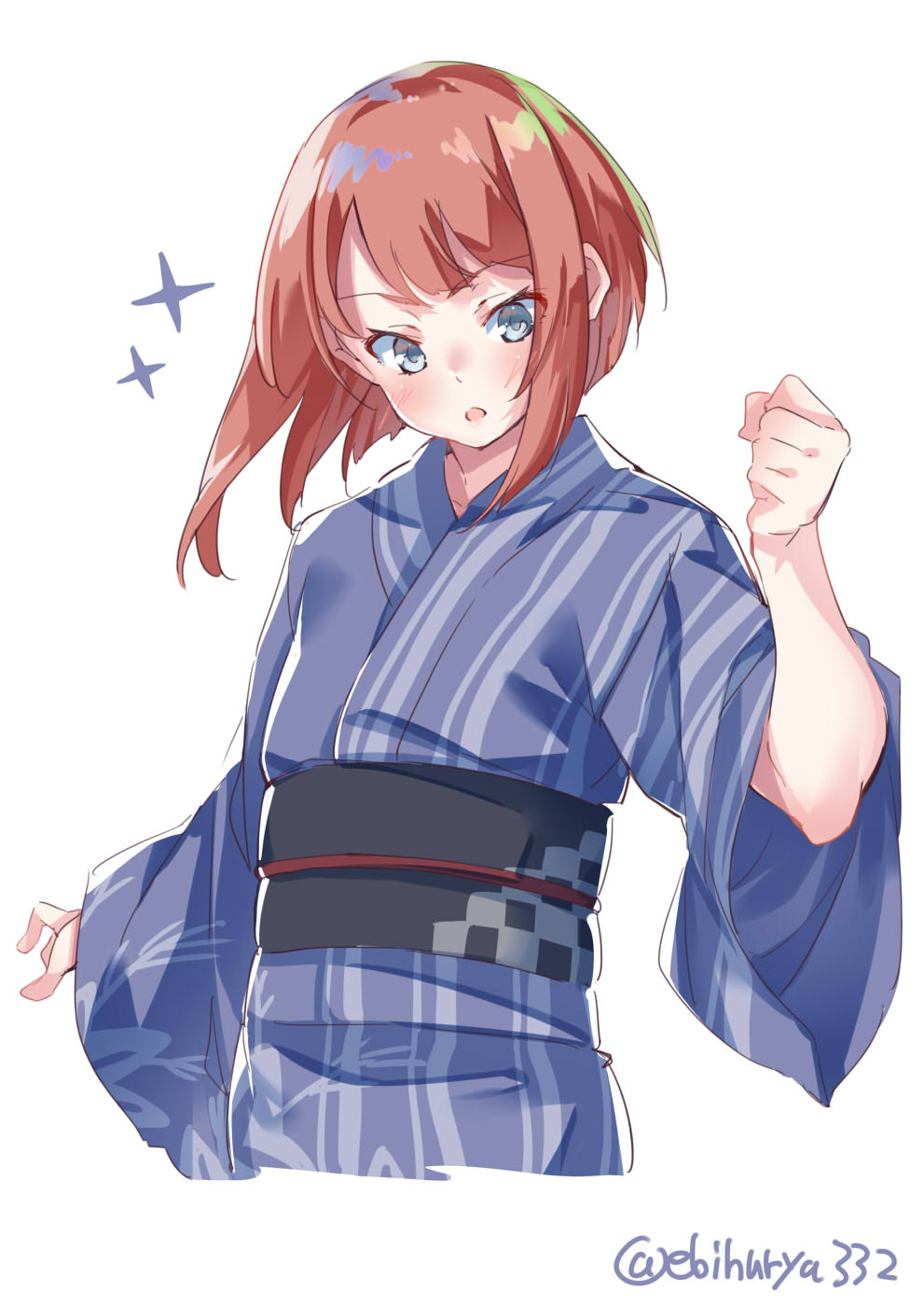 1girl ark_royal_(kantai_collection) black_sash blue_eyes blush commentary_request cropped_torso ebifurya eyebrows_visible_through_hair highres japanese_clothes kantai_collection kimono long_sleeves looking_at_viewer medium_hair obi open_mouth redhead sash short_hair_with_long_locks simple_background solo sparkle twitter_username white_background wide_sleeves yukata