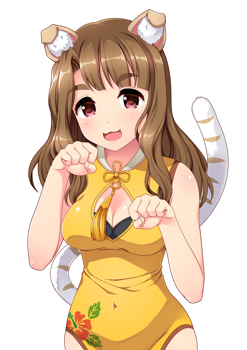 1girl :3 :d animal_ear_fluff animal_ears bangs bare_arms bare_shoulders black_bra blunt_bangs blush bra breasts brown_hair cat_ears cat_tail china_dress chinese_clothes cleavage clenched_hands commentary_request covered_navel dress eyebrows_visible_through_hair fingernails floral_print highres idolmaster idolmaster_million_live! long_hair looking_at_viewer medium_breasts miyao_miya open_mouth paw_pose red_eyes simple_background smile solo tail totokichi underwear upper_body white_background yellow_dress