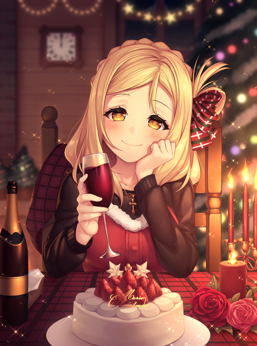 1girl black_shirt blonde_hair blush bottle braid cake candle candlelight chair chin_rest christmas christmas_tree clock commentary_request cross cross_necklace crown_braid cup drinking_glass flower food fur_trim hair_ribbon hair_rings highres holding holding_cup indoors jewelry kyouou_ena long_hair long_sleeves looking_at_viewer love_live! love_live!_school_idol_festival love_live!_sunshine!! merry_christmas necklace ohara_mari plaid plaid_ribbon pov_across_table red_flower red_rose ribbon rose shirt sitting smile solo sparkle wall_clock wine_bottle wine_glass