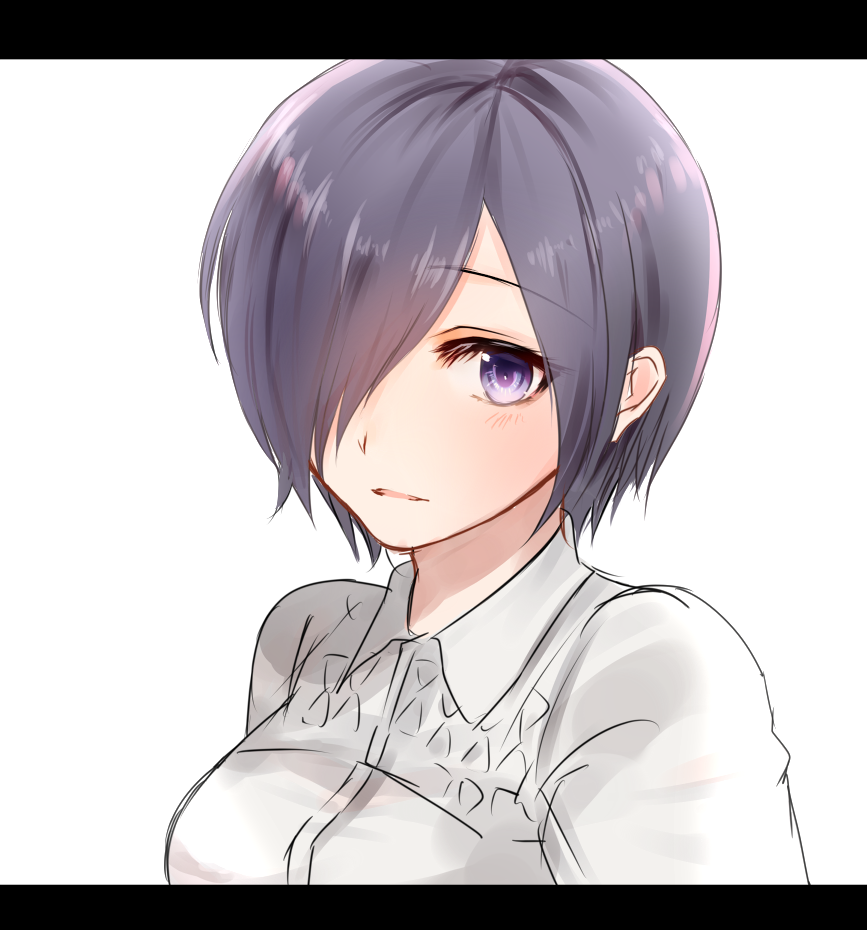1girl blush breasts chii_(sbshop) commentary_request eyebrows_visible_through_hair framed framed_image hair_over_one_eye kirishima_touka light_background long_eyelashes looking_at_viewer medium_breasts no_nose open_eyes open_mouth out_of_frame purple_hair shiny shiny_hair shirt short_hair simple_background solo tokyo_ghoul violet_eyes white_background white_shirt