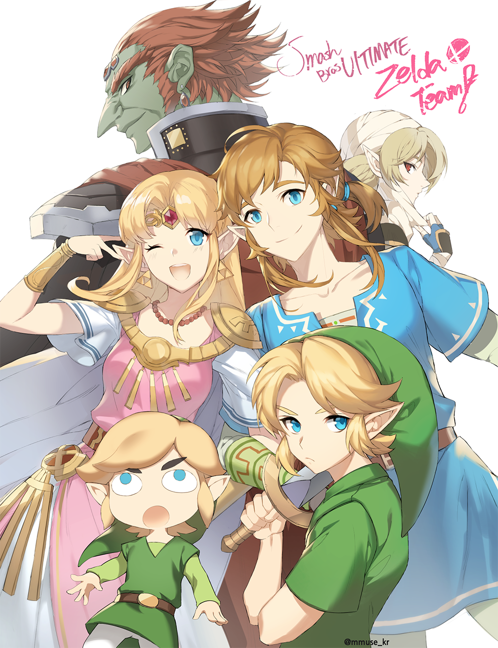 androgynous bandage blonde_hair blue_eyes braid dark_skin dual_persona ganondorf gloves hat highres link long_hair looking_at_viewer mask mask_removed master_sword multiple_boys multiple_girls muse_(rainforest) navi nintendo one_eye_closed pointy_ears ponytail princess_zelda red_eyes redhead reverse_trap sheik short_hair smile super_smash_bros. super_smash_bros._ultimate surcoat the_legend_of_zelda the_legend_of_zelda:_a_link_between_worlds the_legend_of_zelda:_breath_of_the_wild the_legend_of_zelda:_majora's_mask the_legend_of_zelda:_ocarina_of_time the_legend_of_zelda:_the_wind_waker the_legend_of_zelda:_twilight_princess toon_link triforce tunic white_background young_link