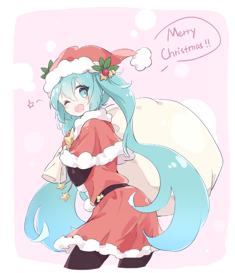 1girl ;d bell black_legwear blue_eyes blue_hair capelet christmas dress fang from_behind fur-trimmed_capelet fur-trimmed_hat fur_trim hair_between_eyes hat hatsune_miku hips holding holding_sack holly long_hair looking_back merry_christmas nejikyuu one_eye_closed open_mouth pink_background pom_poms red_dress red_hat sack santa_costume santa_hat smile solo star twintails very_long_hair vocaloid