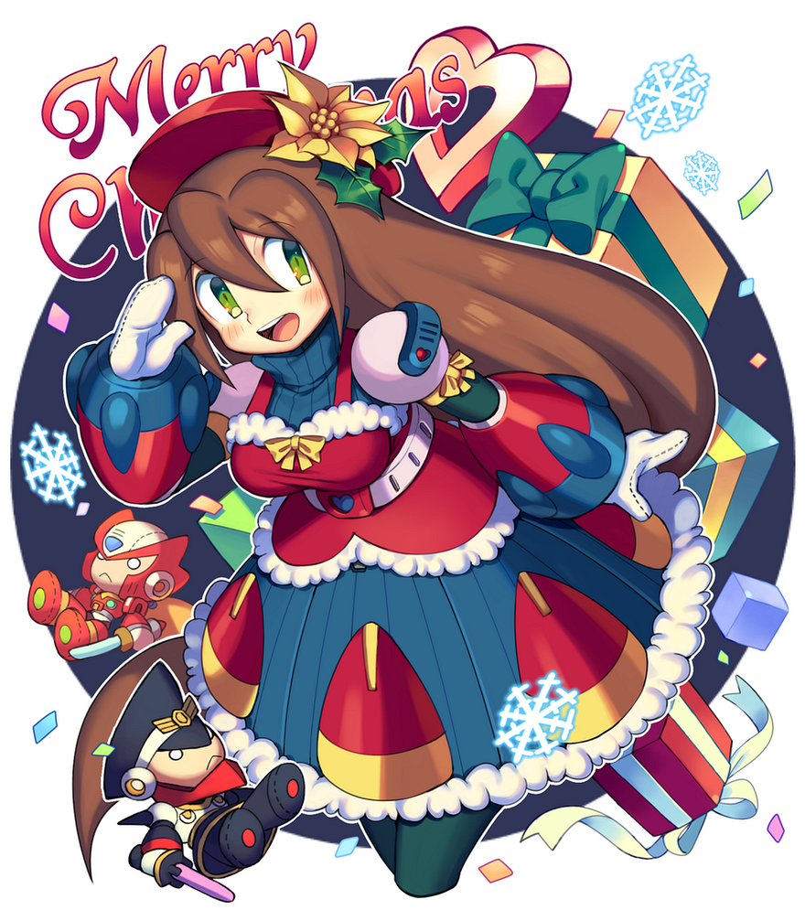 1girl adapted_costume android beret blush box breasts brown_hair character_doll chibi christmas christmas_ornaments colonel dress gift gift_box gloves green_eyes hair_between_eyes hat holly iris_(rockman_x) iroyopon leaning_forward long_hair medium_breasts merry_christmas open_mouth red_hat ribbon rockman rockman_x rockman_x4 salute santa_dress smile snowflakes solo_focus turtleneck very_long_hair white_gloves yellow_ribbon zero_(rockman)