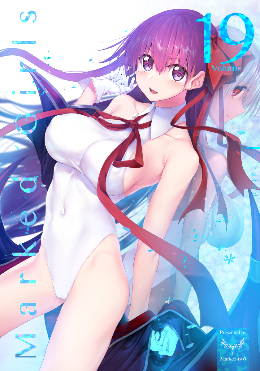 2girls back-to-back bb_(fate)_(all) bb_(swimsuit_mooncancer)_(fate) black_coat breasts cover cover_page covered_navel cowboy_shot doujin_cover dual_persona fate/grand_order fate_(series) gloves highleg highleg_leotard highleg_swimsuit highres large_breasts leotard long_hair looking_at_viewer multiple_girls popped_collar purple_hair suga_hideo swimsuit violet_eyes white_gloves white_leotard white_swimsuit