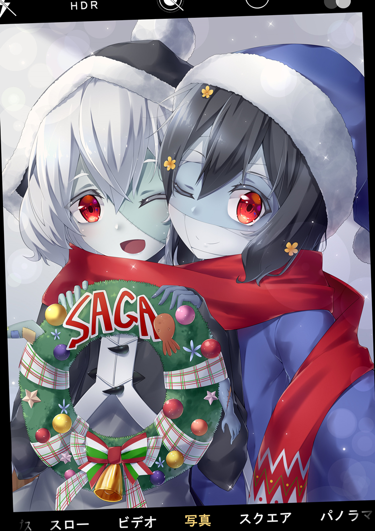 2girls bandage bell black_hair black_jacket blue_jacket cellphone christmas christmas_ornaments christmas_wreath dress eyebrows_visible_through_hair grey_dress hair_between_eyes hair_ornament hair_ribbon hat holding holding_phone jacket konno_junko long_hair low_twintails merry_christmas mizuno_ai multiple_girls one_eye_closed open_mouth patchwork_skin phone red_eyes red_scarf ribbon santa_hat scarf self_shot short_hair shun_no_shun silver_hair smartphone smile snow snowing taking_picture twintails zombie zombie_land_saga