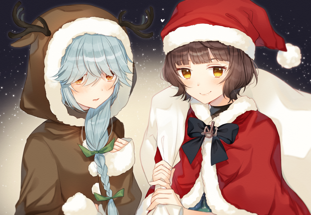 2girls ahoge anchor animal_costume antlers bangs blush braid brown_hair closed_mouth commentary commentary_request grey_hair hair_between_eyes hair_ribbon hamanami_(kantai_collection) hat hiiragi_souren holding kantai_collection kishinami_(kantai_collection) long long_hair long_sleeves looking_at_viewer multiple_girls open_mouth reindeer_antlers reindeer_costume ribbon sack santa_costume santa_hat short_hair single_braid smile standing twitter_username yellow_eyes