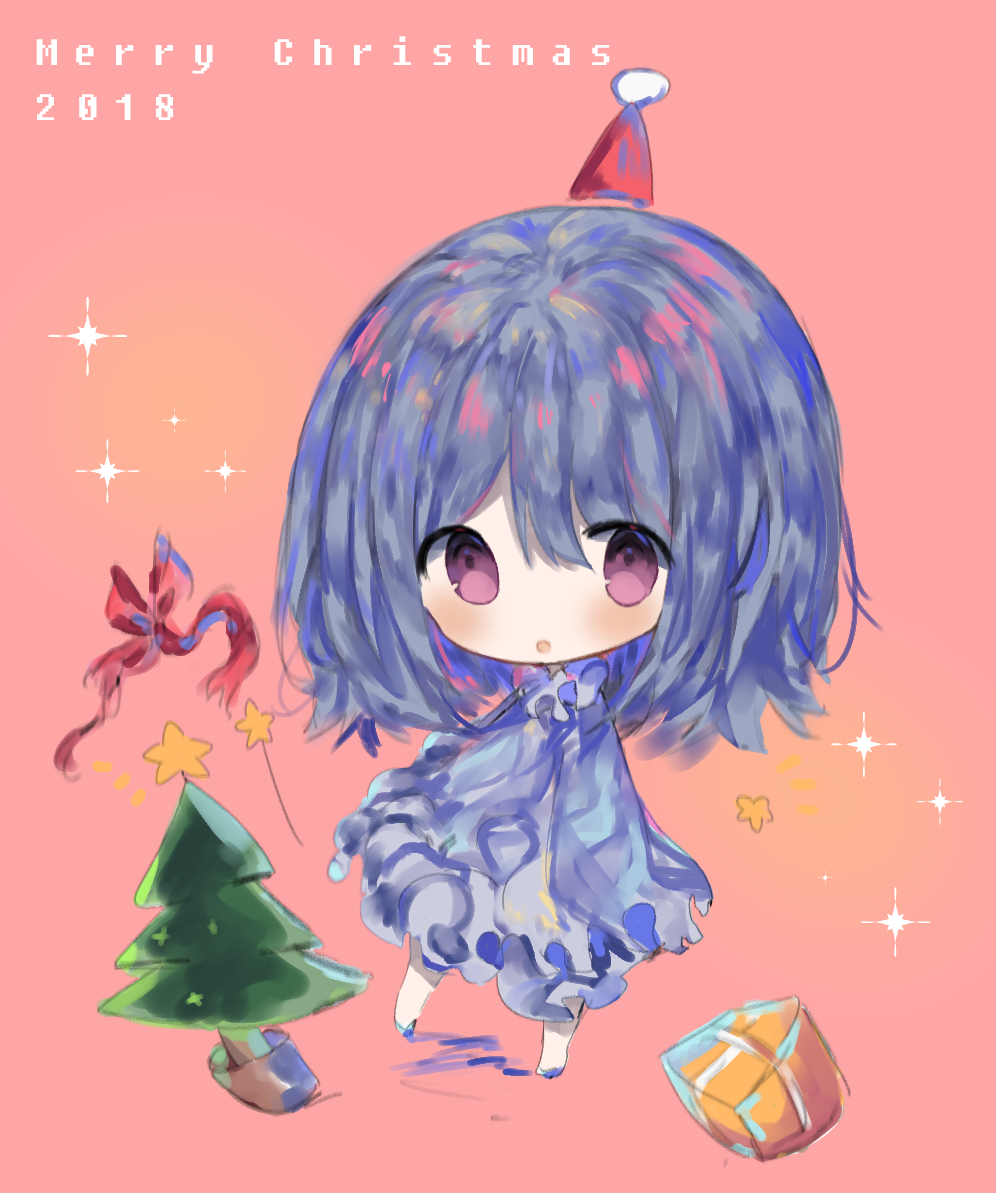 1girl 2018 :o bangs blue_dress blue_hair blush bow box brown_background chibi christmas christmas_tree commentary_request cottontailtokki dress gift gift_box hair_between_eyes hat looking_at_viewer merry_christmas original pantyhose parted_lips red_bow red_hat santa_hat shadow solo sparkle star violet_eyes white_legwear