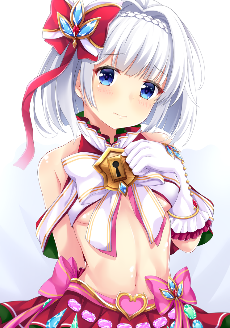 1girl bangs bare_shoulders blue_eyes blunt_bangs blush bow breasts character_request christmas closed_mouth commentary_request eyebrows_visible_through_hair gloves hand_up head_tilt heart keyhole looking_at_viewer maccha navel pleated_skirt red_skirt shironeko_project short_hair skirt small_breasts solo upper_body white_bow white_gloves white_hair
