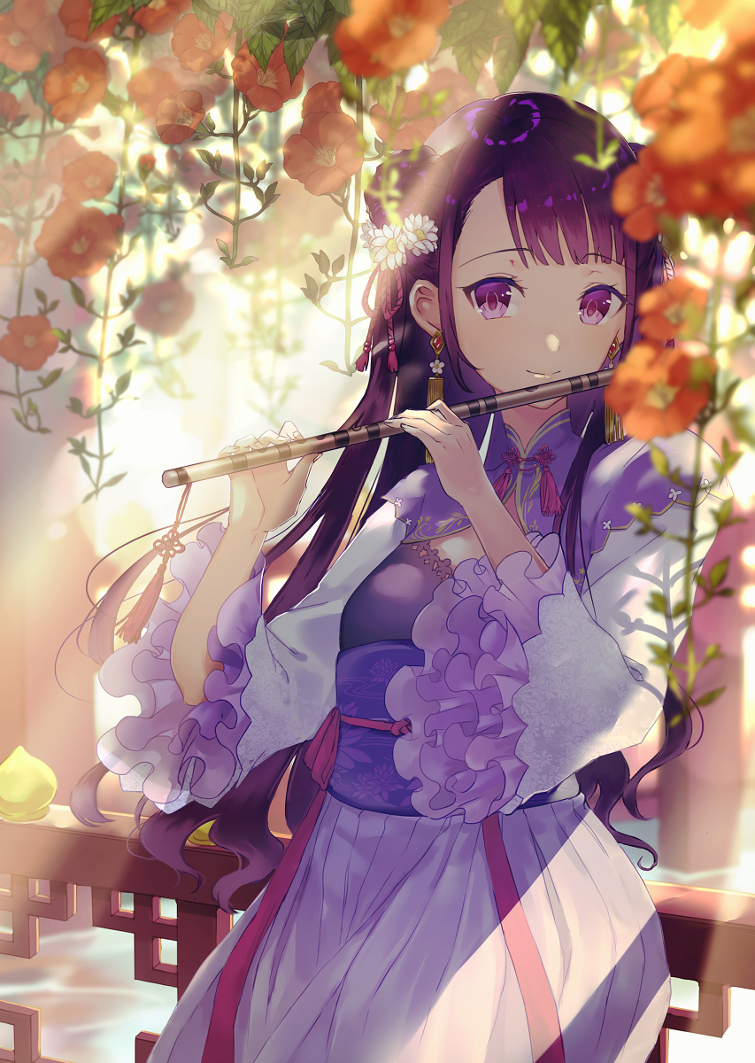 1girl bangs blunt_bangs blurry blurry_foreground breasts closed_mouth cowboy_shot day depth_of_field double_bun earrings eyebrows_visible_through_hair flower flute frilled_sleeves frills hair_flower hair_ornament hands_up hanging_plant highres holding holding_instrument instrument japanese_clothes jewelry kimono kusaka_kou long_hair long_sleeves obi original outdoors purple_hair purple_kimono railing sash sidelocks small_breasts smile solo standing tassel two_side_up violet_eyes wavy_hair white_flower wide_sleeves